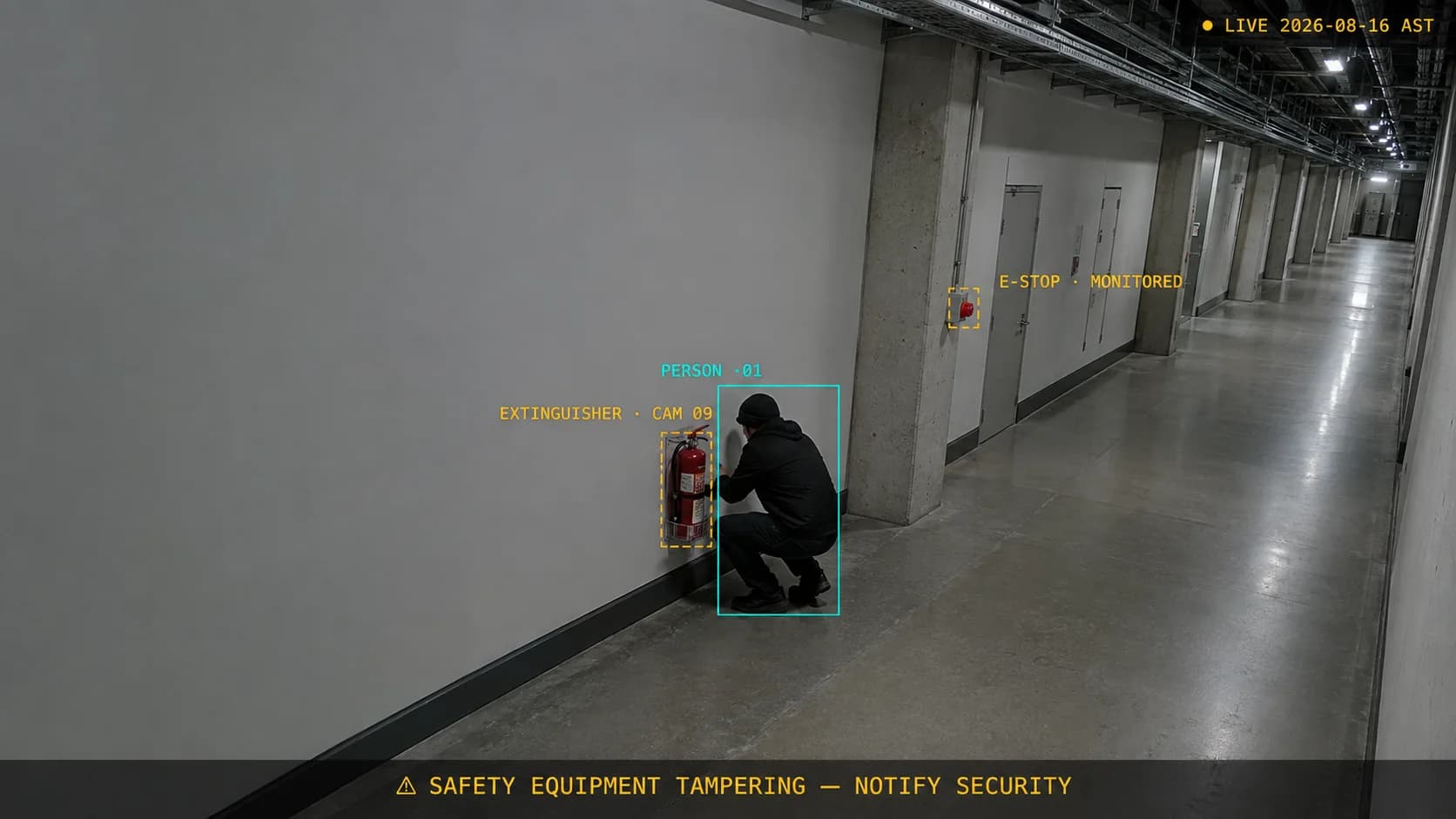 Service corridor at night. A crouching person is tracked while they interfere with a wall-mounted fire extinguisher; the extinguisher and a nearby emergency stop are both marked as monitored equipment, and the frame calls for security to be notified.